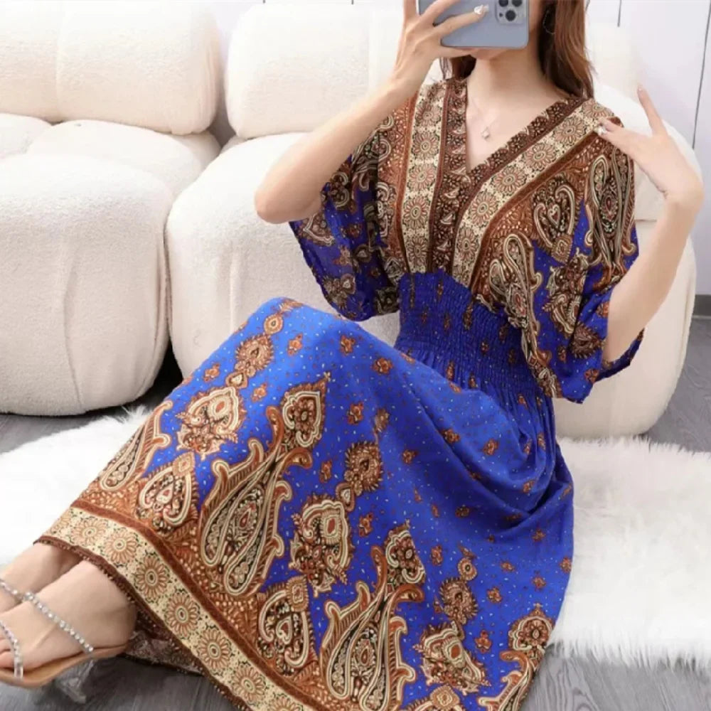 Bohemian Ethnic Print Midi Dress V Neck With Batwing Sleeves