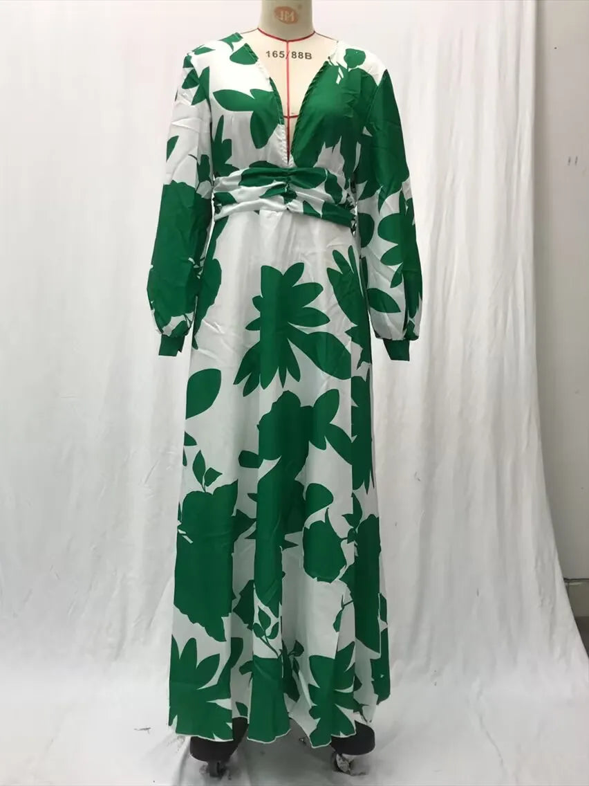 Printed Womens V Neck Lantern Sleeve Long Evening Dress