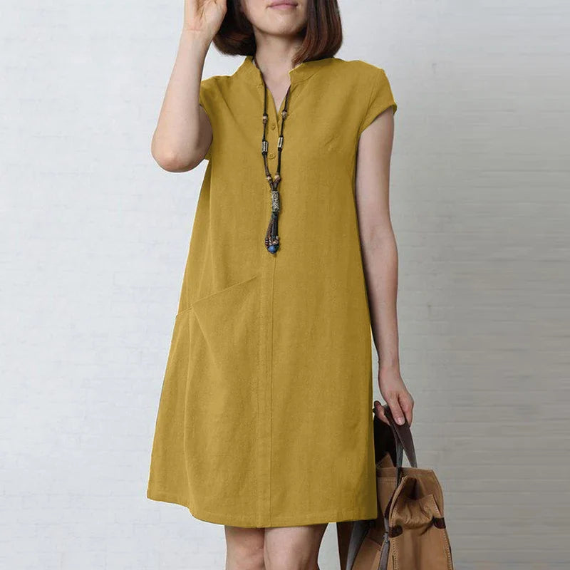 Cotton Summer Dress V Neck Short Sleeve Knee Length