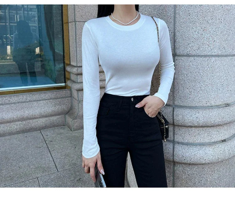 Korean Style Slim Fit Cotton Long Sleeve T Shirt for Women Soft Transparent Summer Tee