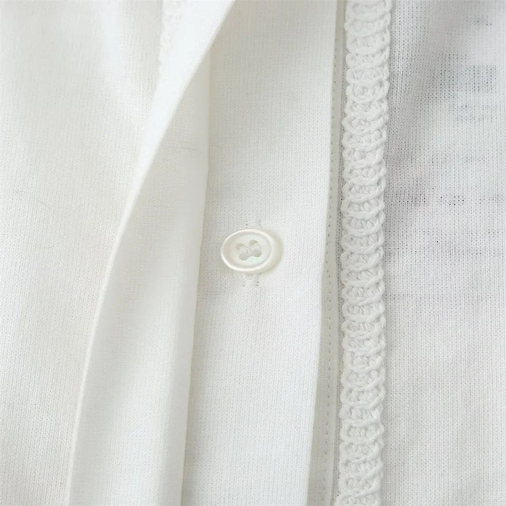 Women White Long Sleeve Blouse and Wide Leg Pants Set with Lace Trim Elegant Design