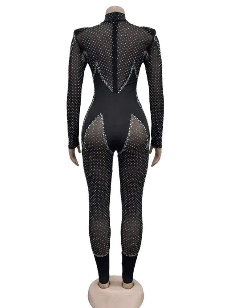 Sparkling Black Rhinestone Mesh Long Sleeve Skinny Crystal Jumpsuit with Hollow Out Fitted Diamonds Glamorous Clubwear Romper