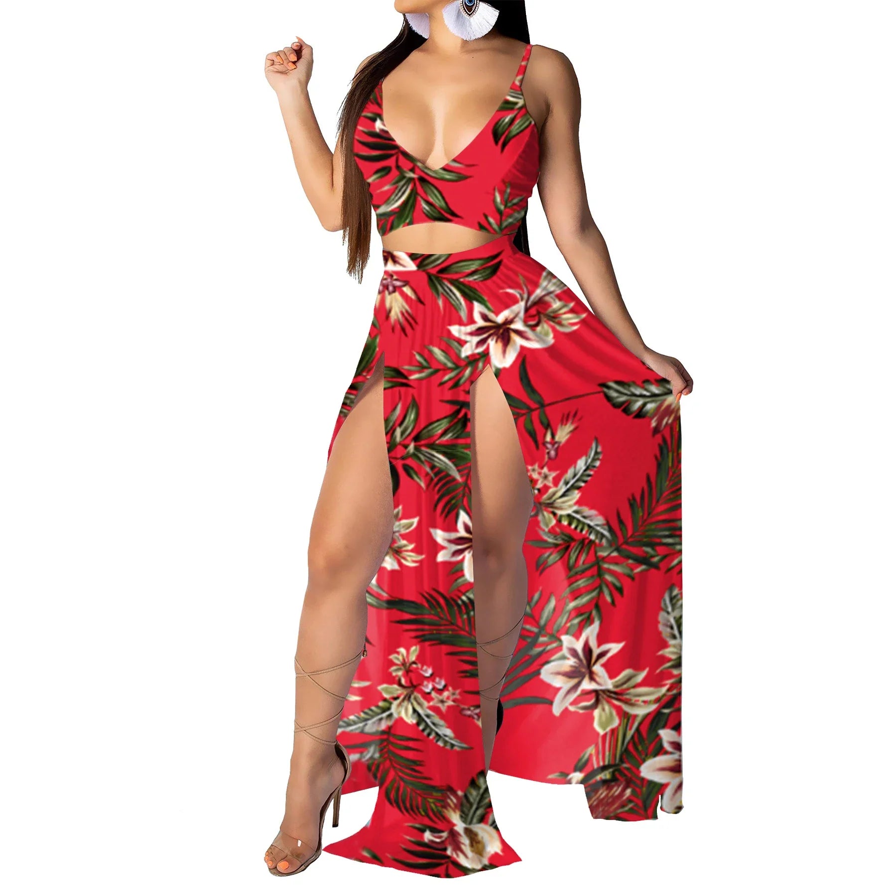 Bohemian Floral Two Piece Set V Neck Beach Dress for Women