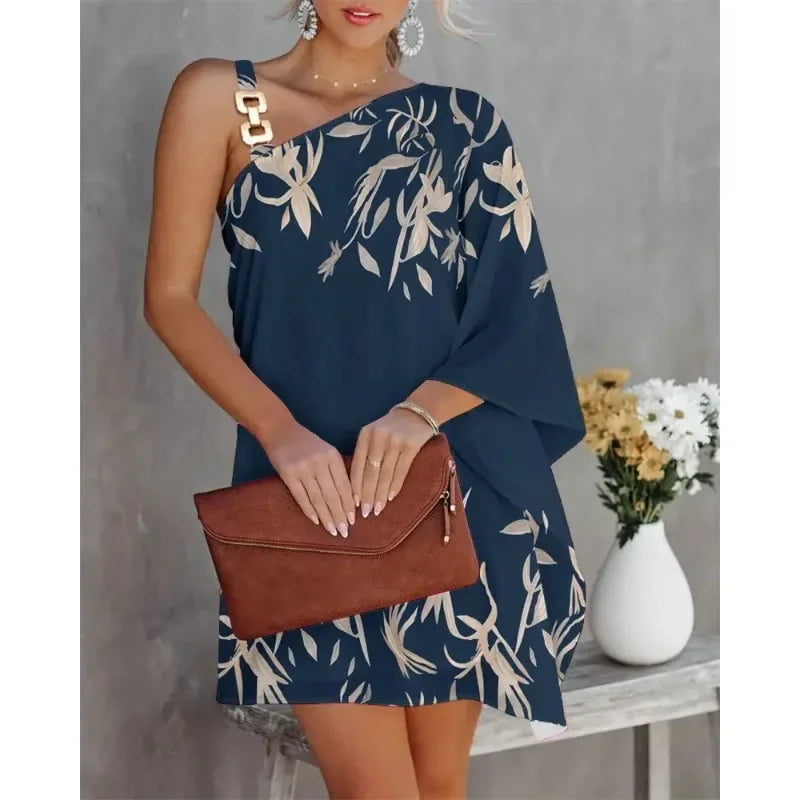 Summer Off Shoulder Dress With Printed Diagonal Neck Bat Sleeve
