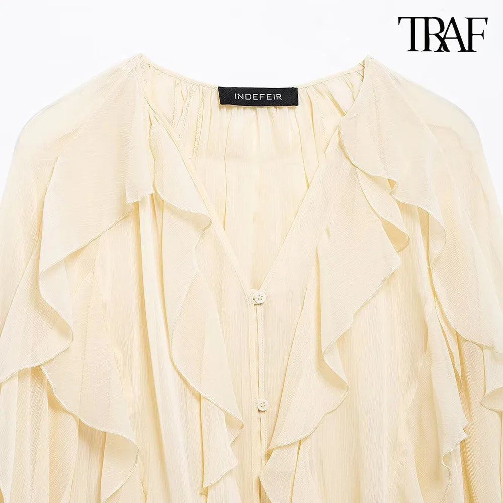 Elegant Solid Color Multi-Layered Ruffle V-Neck Sheer Long Sleeve Loose Blouse for Women