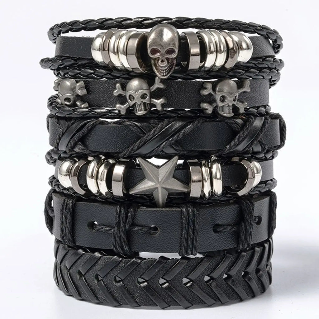 6 Piece Black Punk Skull and Star Shaped Alloy and PU Leather Bracelet Set