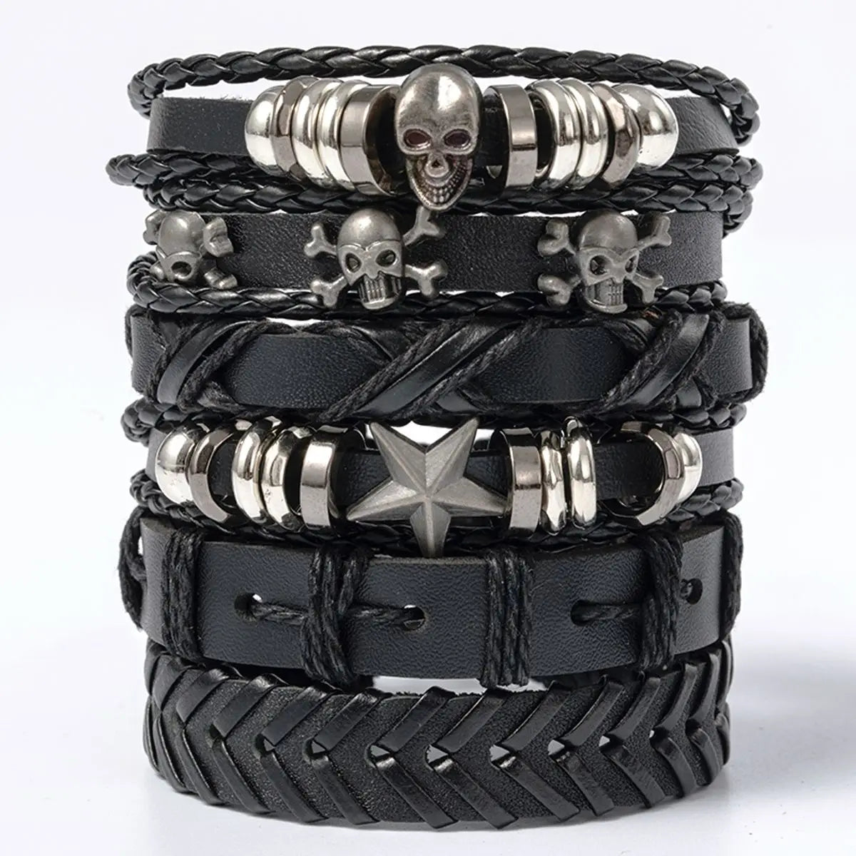 6 Piece Black Punk Skull and Star Shaped Alloy and PU Leather Bracelet Set