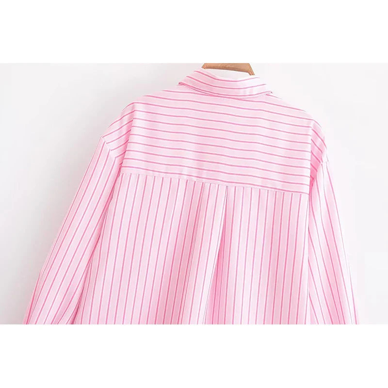 Chic Pink Striped Loose Fit Long Sleeve Blouse for Women Elegant Casual Street Style Shirt