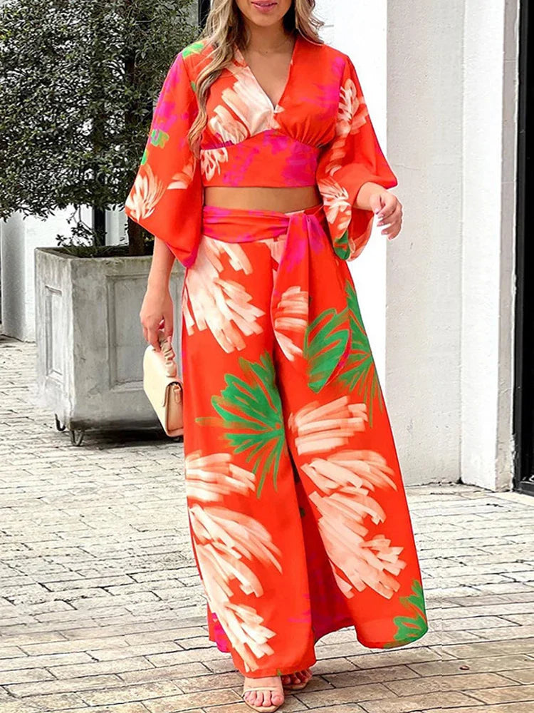 Casual Women's Two Piece Set Autumn V Neck Crop Top and High Waist Wide Leg Pants Outfit