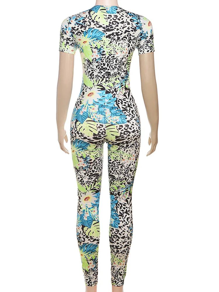 Weird Puss Colorful Print Women's Short Sleeve Skinny Jumpsuit Soft Stretch O-Neck Casual Summer Fitness Street Overalls