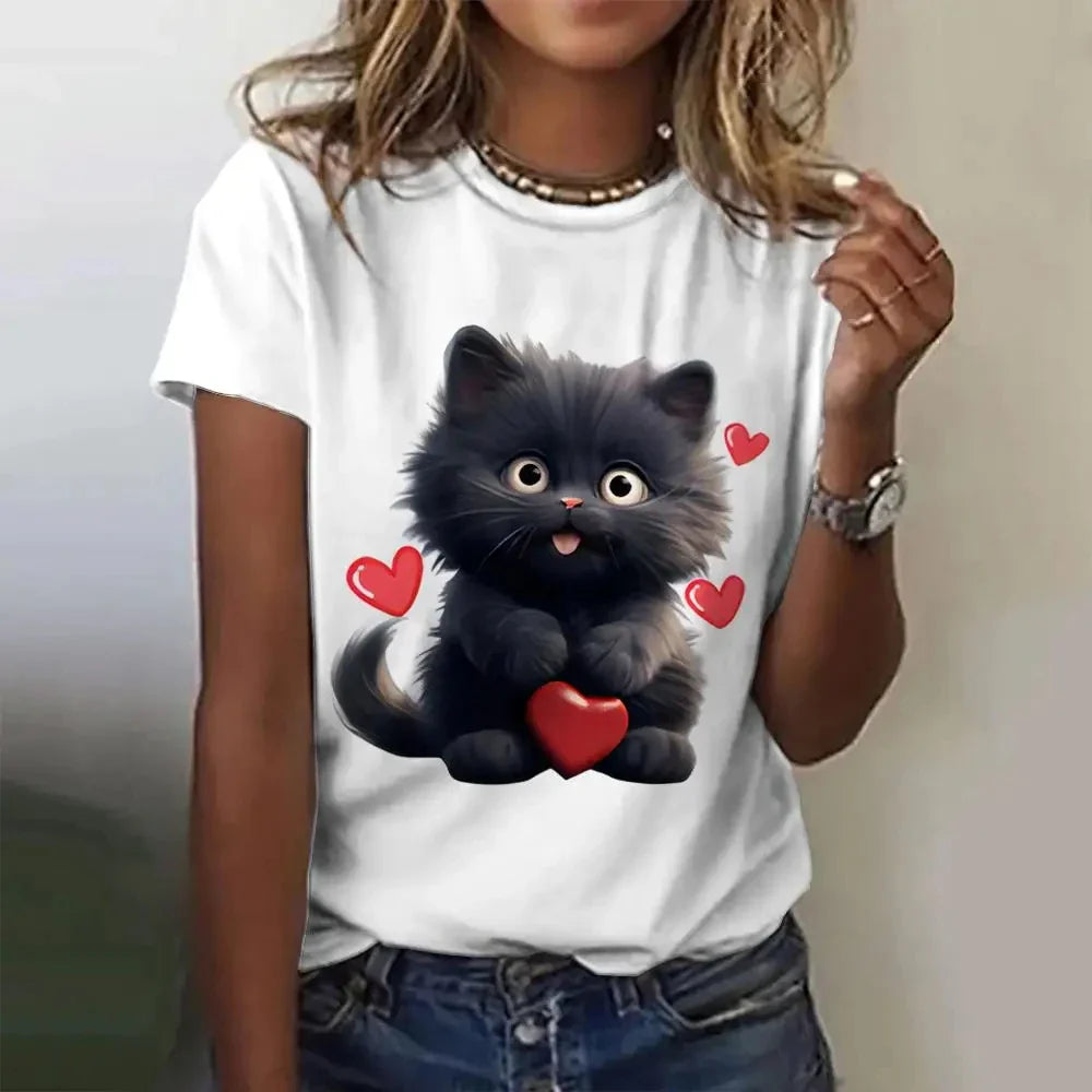 Cute Cat Printed Women's T-Shirt Comfortable Casual Short Sleeve Top for Daily Wear
