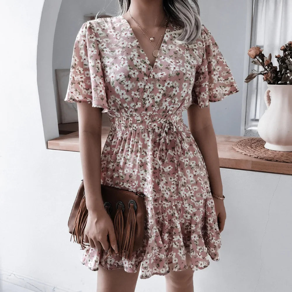 Summer Floral Dress With Bubble Sleeves V Neck A Line