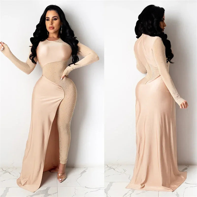 Elegant Rhinestone Long Sleeve Sheer Mesh Patchwork Skinny Jumpsuit Women's Luxury Night Party Club Romper Overalls Birthday Outfit