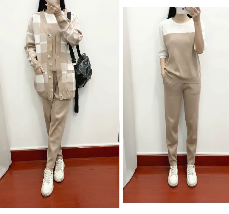 Autumn Winter Women's Plaid Knit Tracksuit Set with Cardigan Sweater Coat, Short Sleeved Top, and Solid Harem Pants