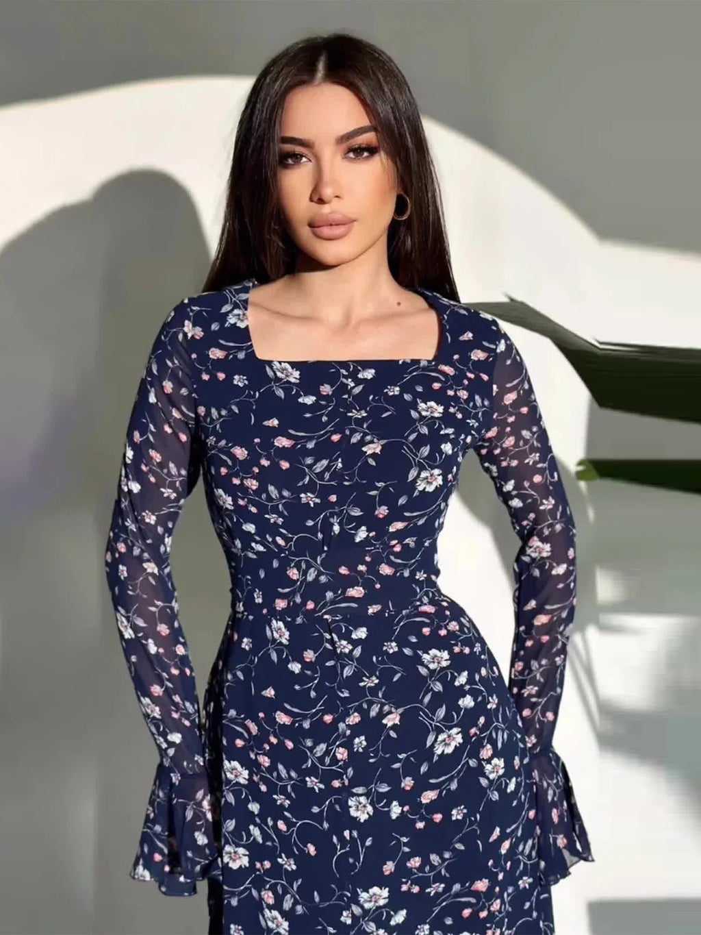 Elegant Printed Chiffon Maxi Dress With Lotus Sleeve Details