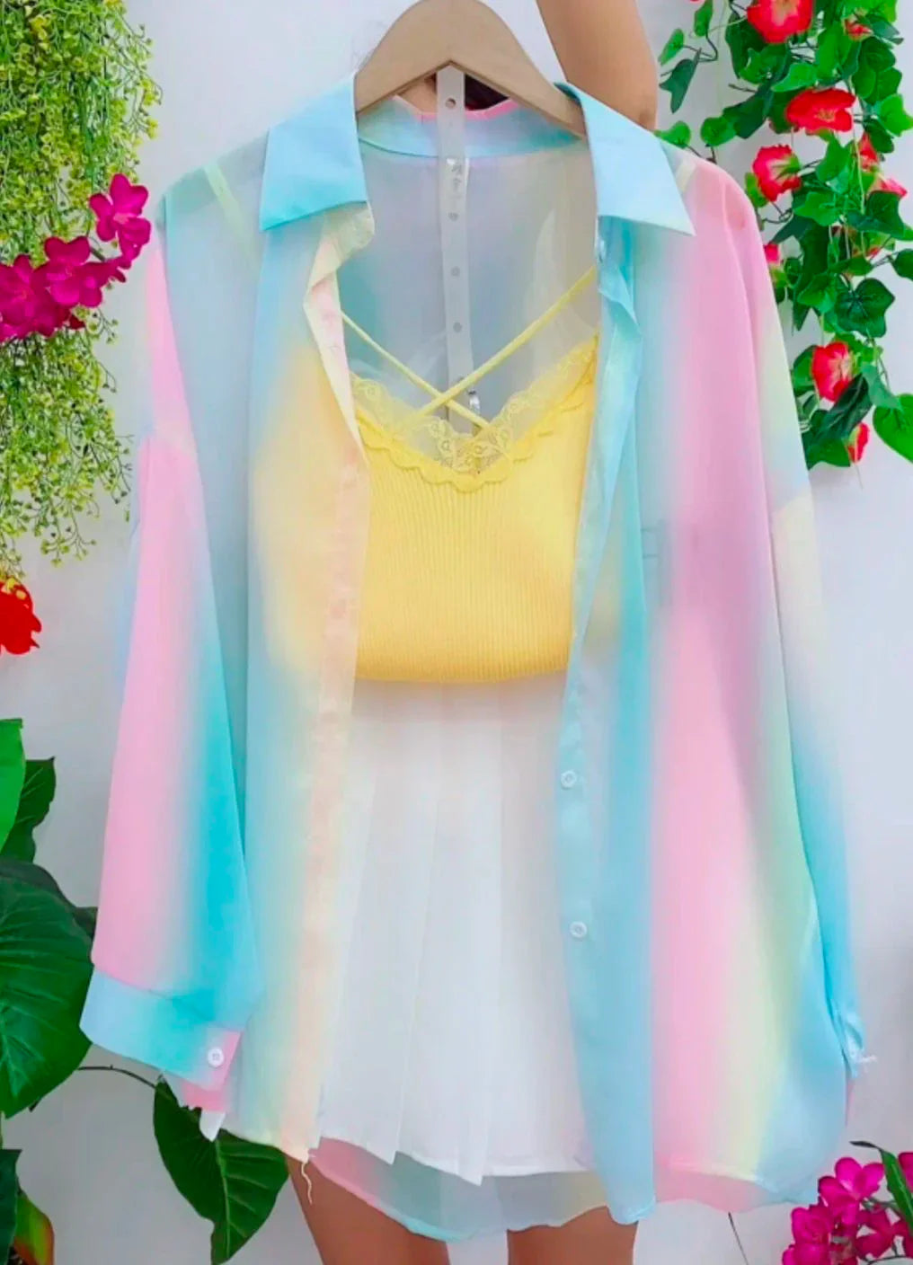 Sheer Long Sleeve Gradient Rainbow Blouse Casual Loose Fit Office Shirt for Women