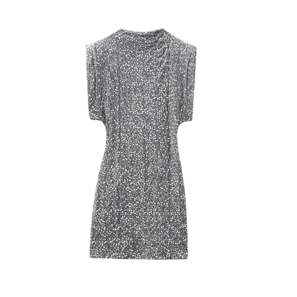 Sequined Mini Dress With Shoulder Pads O Neck Sleeveless