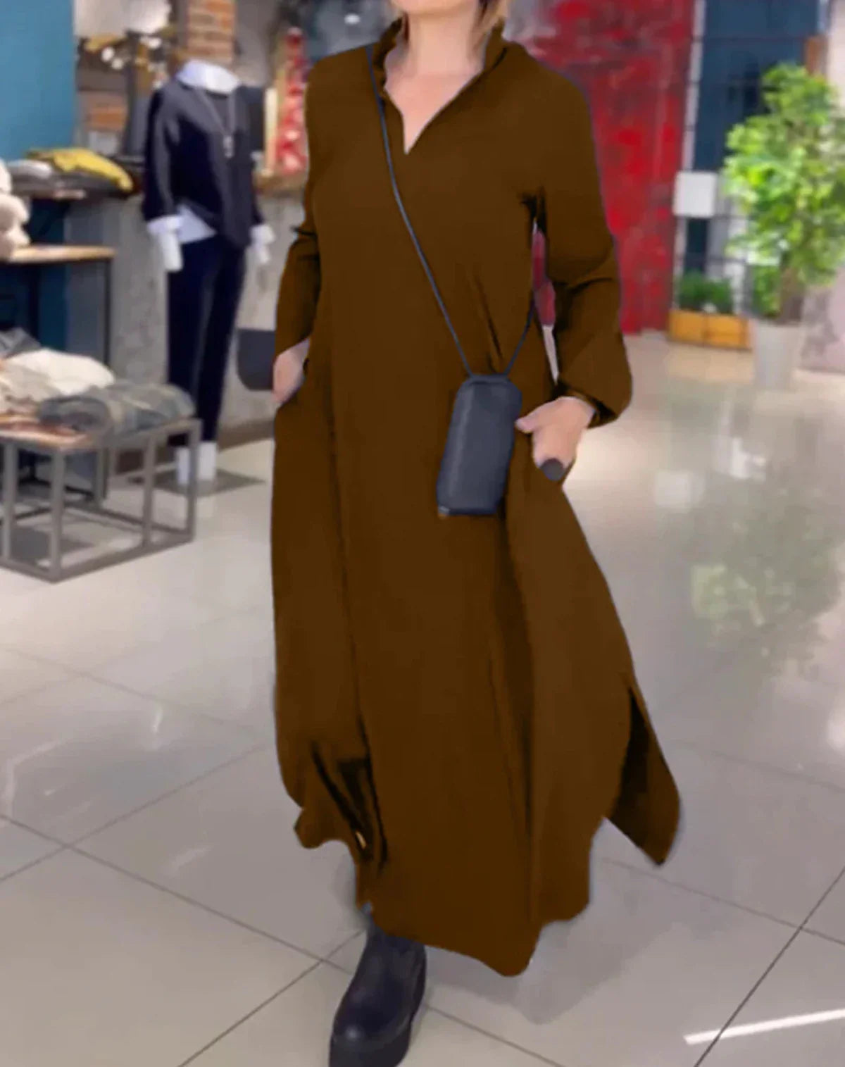 Casual Loose Fit V-Neck Long Sleeve Solid Color Dress