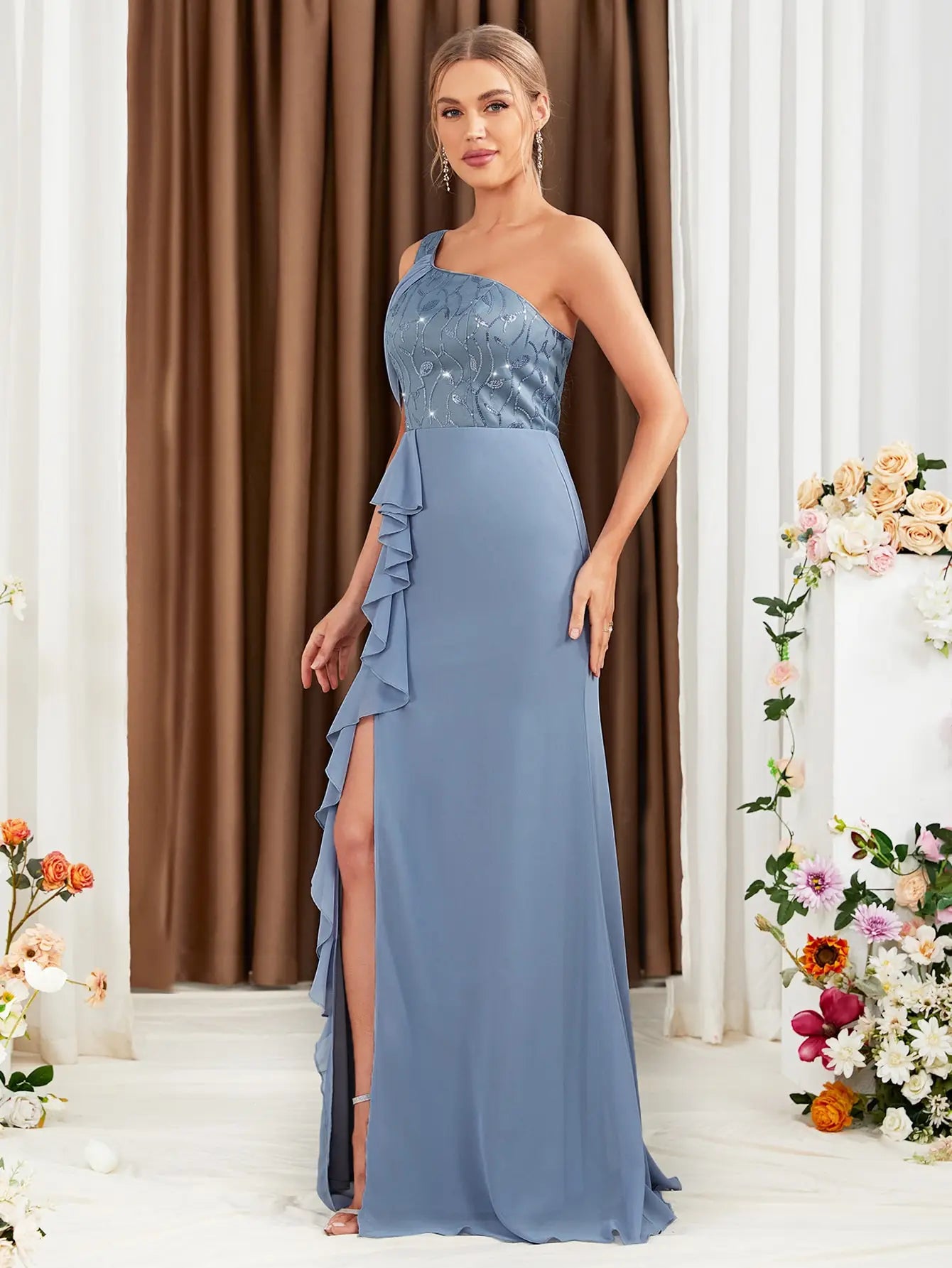 One Shoulder Lace Sequin Evening Dress For Party Bridesmaid