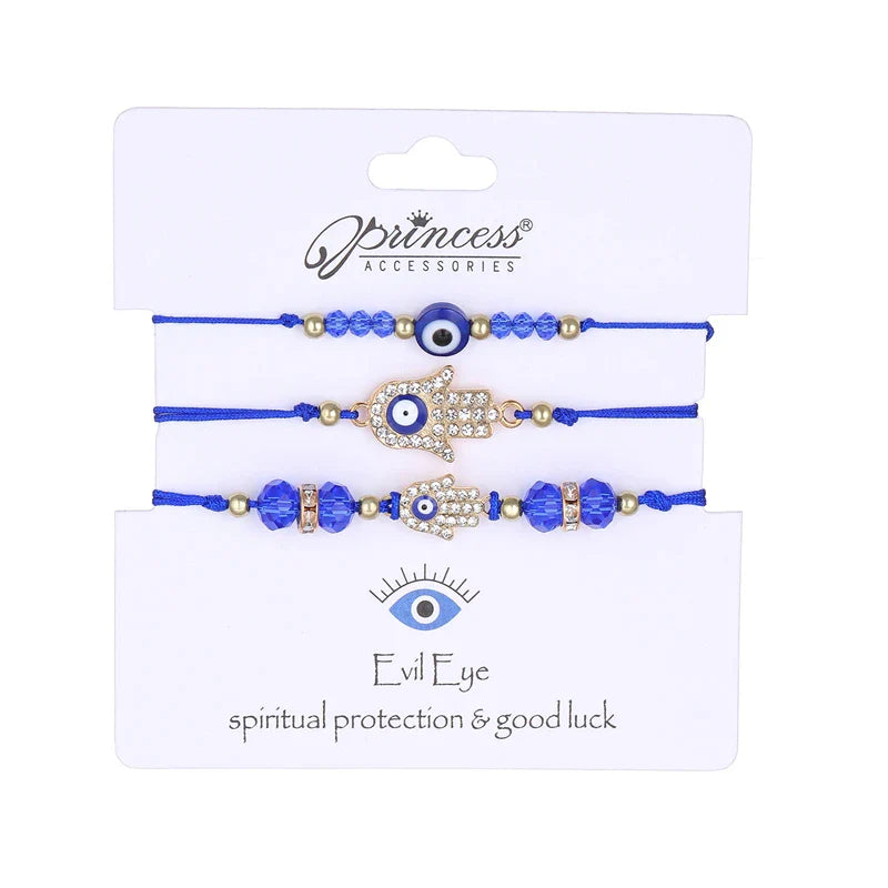 3 Pieces Lucky Turkish Blue Evil Eye Bracelets with Fatima Hand Hamsa and Butterfly Charm Handmade Jewelry