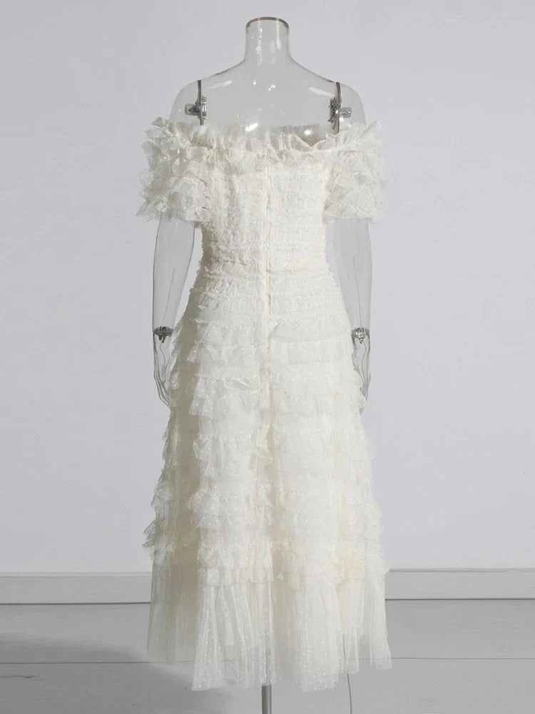 Patchwork Mesh Dress For Women High Waist Ruffled Casual