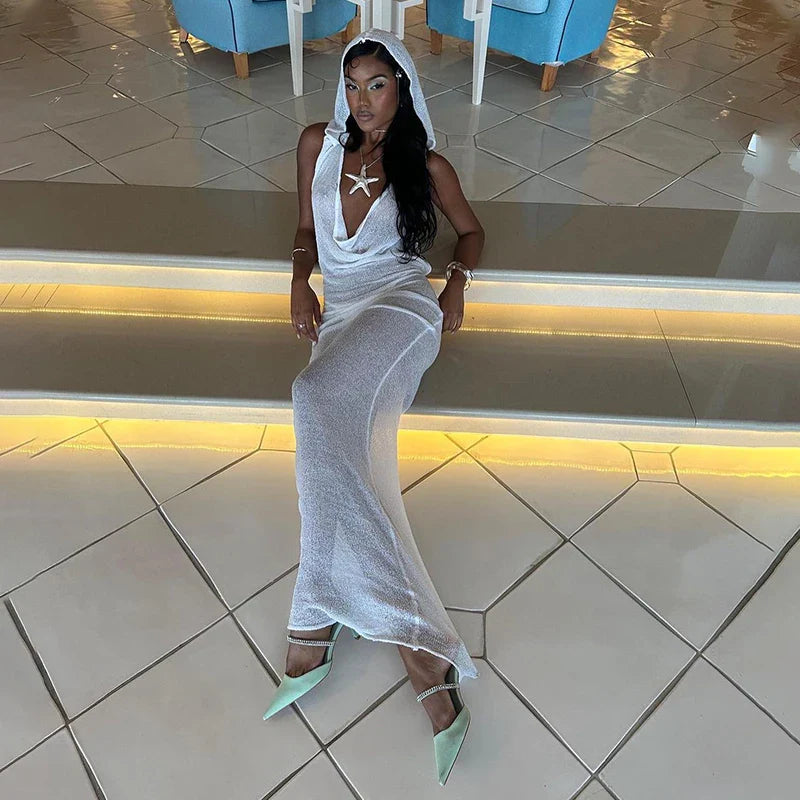 Sleeveless Hooded Dress Slimming Swing Neck Solid Color Long