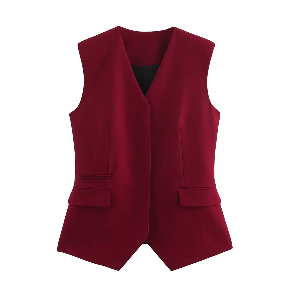 Women's V-neck Sleeveless Tank Top with Pocket and Solid Color Bellbottom Pants Set for Spring Fashion