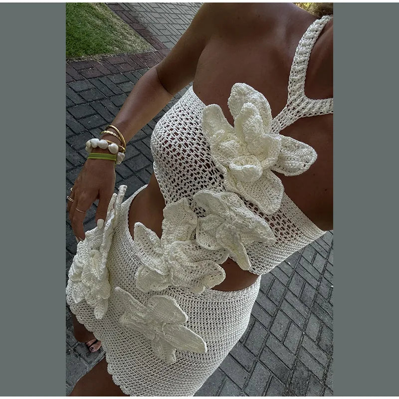 Beach Knit 3D Flower Mini Dress Backless Halter Sundress