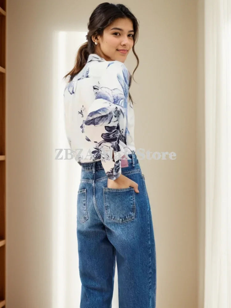 Women's Bow Tie Printed Blouse with Polo Collar Long Sleeve Single Breasted Vintage Loose Fit Elegant Shirt Top