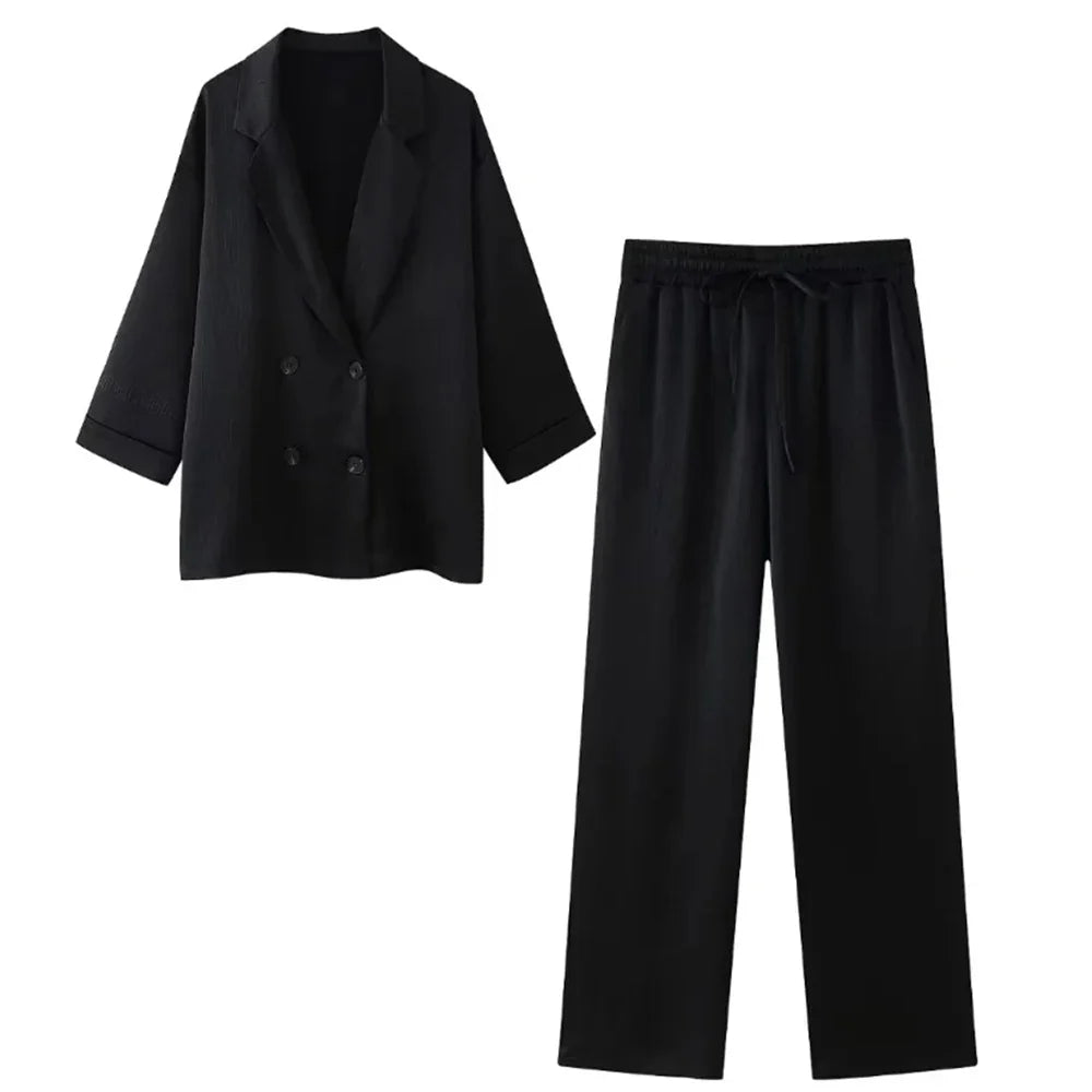 Women's Satin Blazer and High Waisted Straight Leg Pant Set with Crease Texture