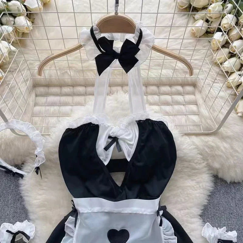 Maid Cosplay Nightwear Set Halter Hollow Out Thong