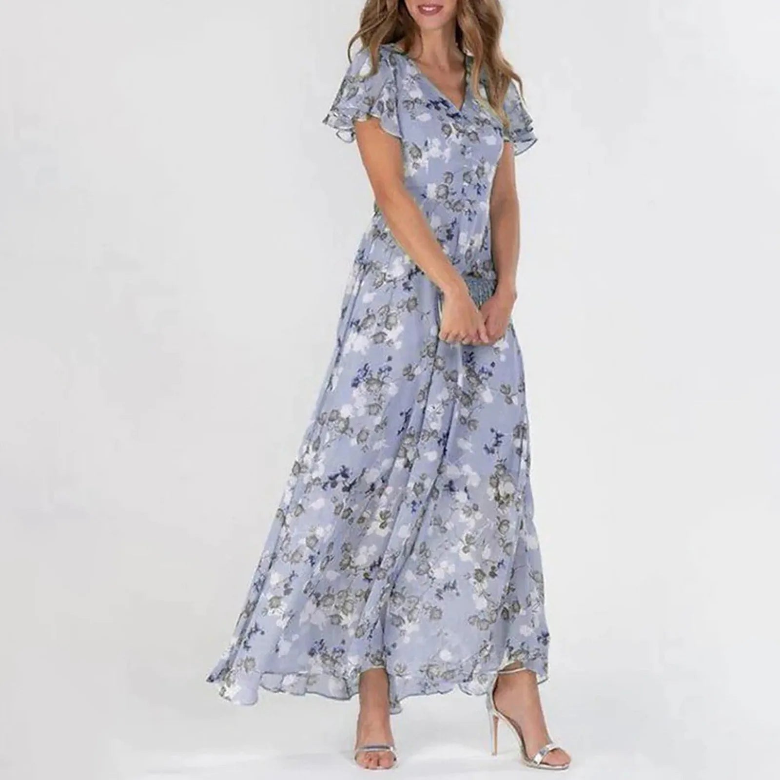 Women's Floral Chiffon Swing Dress with V Neck Short Sleeve