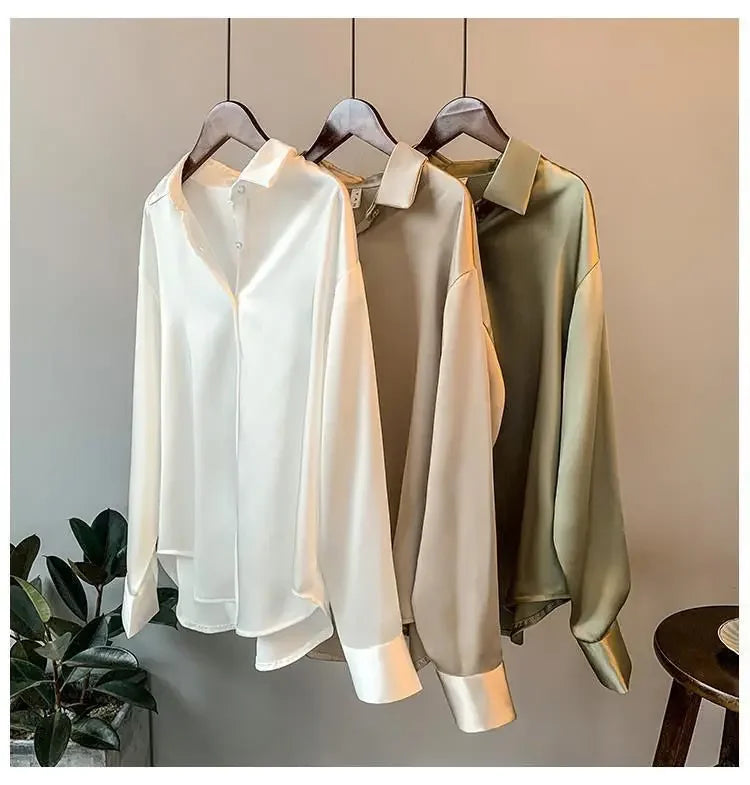 Long Sleeve Satin Shirt for Women Draped Retro Style Sun-Proof Lightweight Blouse Perfect for Spring and Summer All-Matching Fashion Top