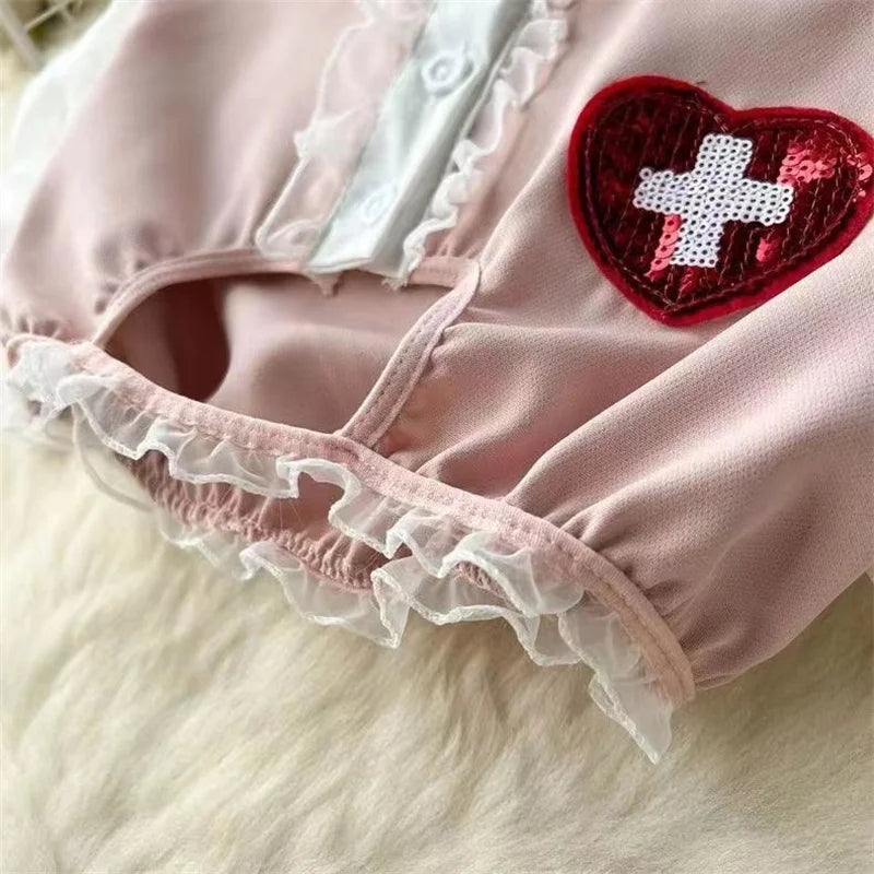 Sexy Nurse Cosplay Uniform Two-Piece Set with High Waisted Ruffled Skirt and Bubble Sleeve Short Top Cute and Flirty Costume