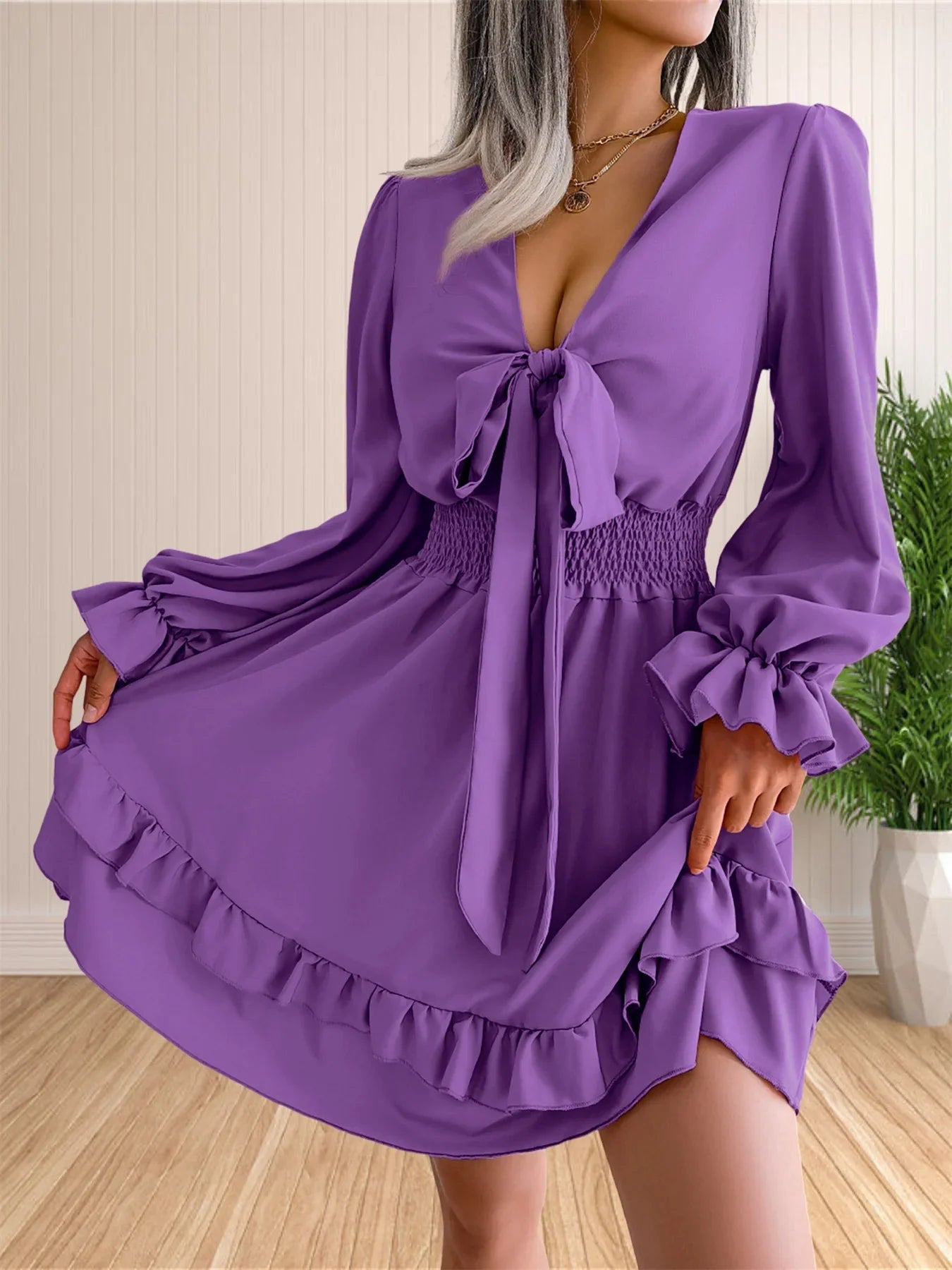 Womens V Neck Knot Front Smocked Waist Tiered Skater Dress