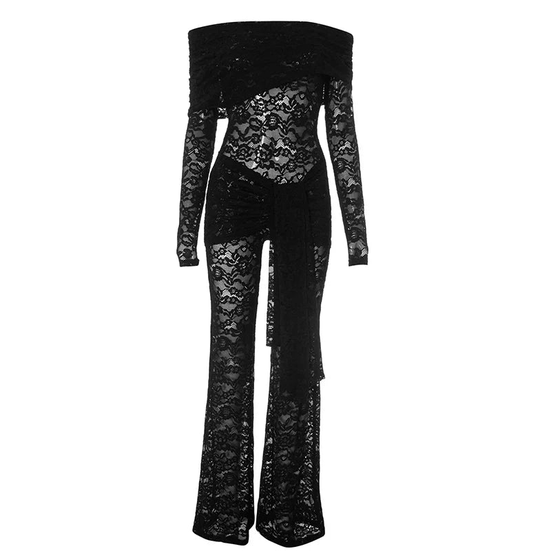 Solid Color Smocked Lace Splicing See-Through Strappy Jumpsuit Pants Sexy Nightclub Evening Party Outfit for Women