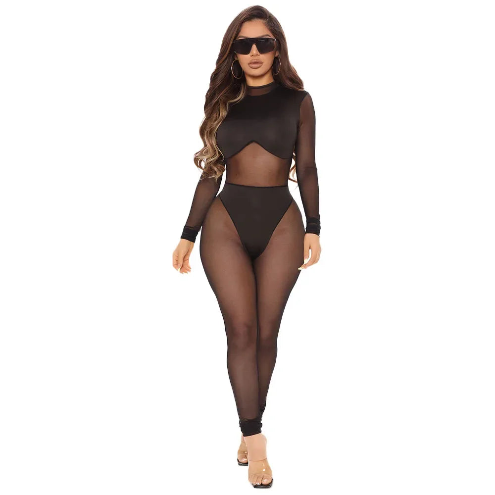Sexy Black Transparent Mesh Jumpsuit Women Elastic See-Through Bodysuit One Piece Nightclub Outfit