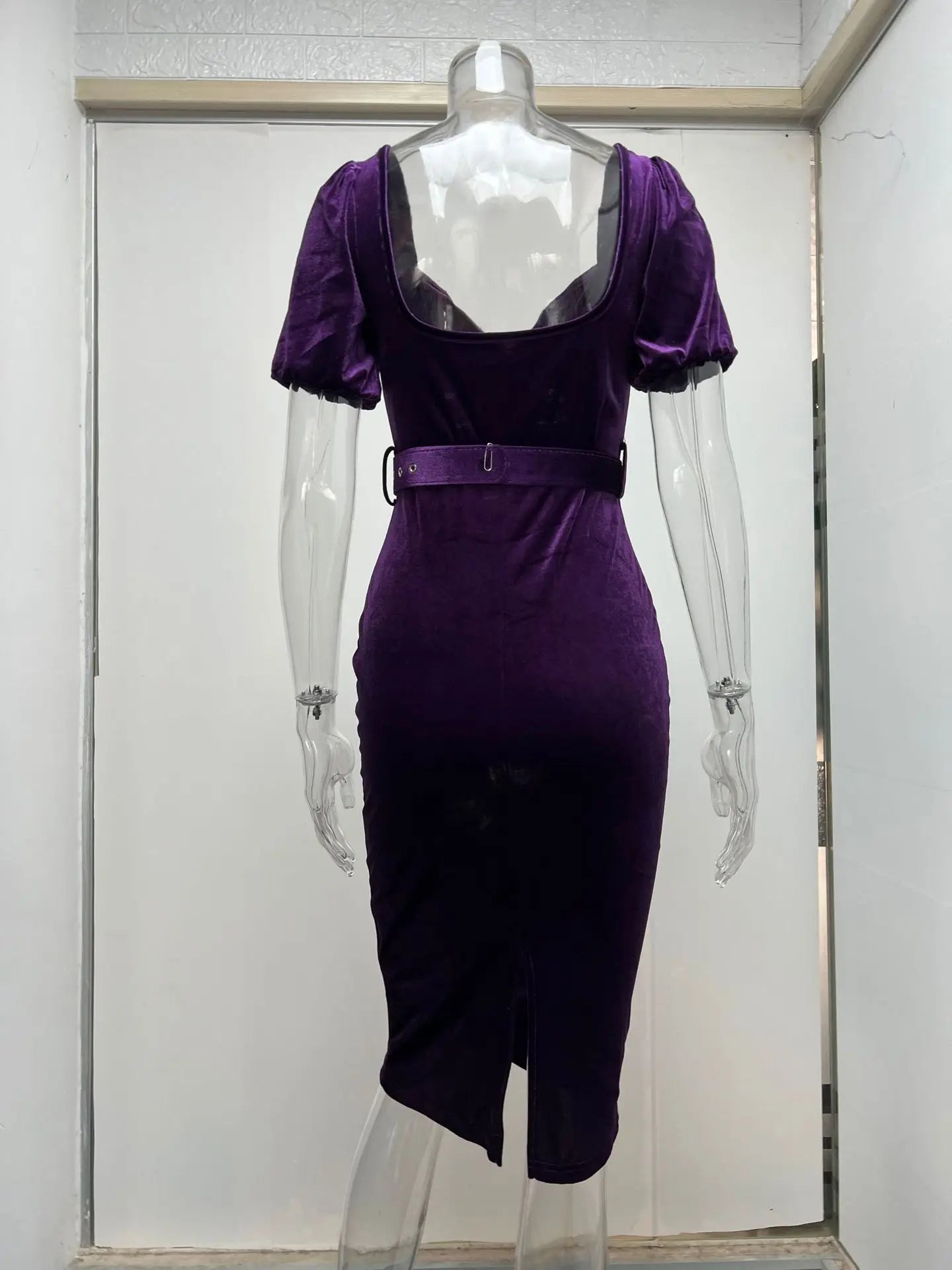 Velvet Wrapped Dress With Low Neck Bubble Sleeves Chic