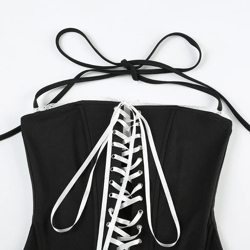 Slim Contrast Color Two-Piece Dress Set for Women Bandage Slash Neck Halter Top with Low-Waisted A-Line Skirt Elegant Sweet Casual Outfit