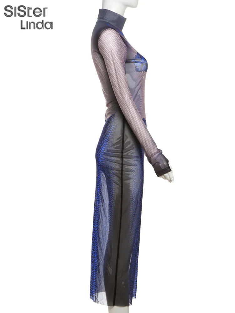 Girls Floral Print Midi Dress Long Sleeve High Collar