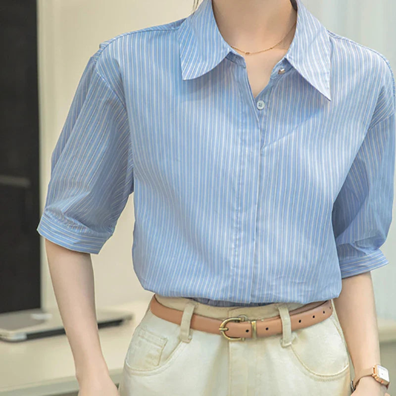 Women Casual Blue Stripe Short Sleeve Polo Collar Shirt Elegant Loose Office Blouse Single Breasted Summer Chic Top