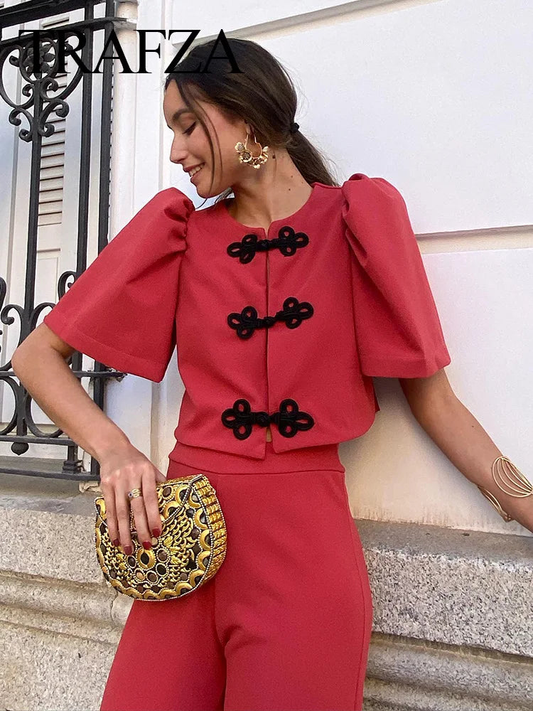 Women Summer Casual Pants Suit with Puff Sleeve Shirt and Elegant Long Pants Matching Set