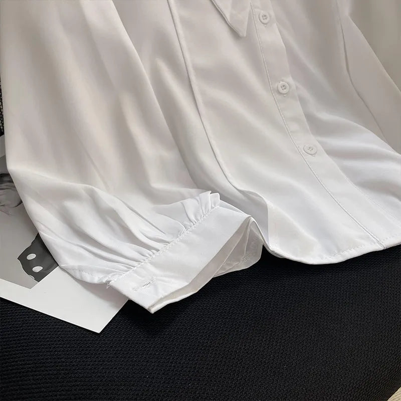 Women's White Chiffon Long Sleeve Blouse Elegant Korean Style Office Shirt Lightweight Temperament Workwear Top