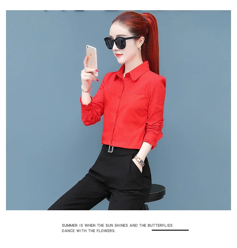 Women's Pure Cotton Long Sleeve Shirt Professional Decoration Body Contour Spring Autumn Fashion Top