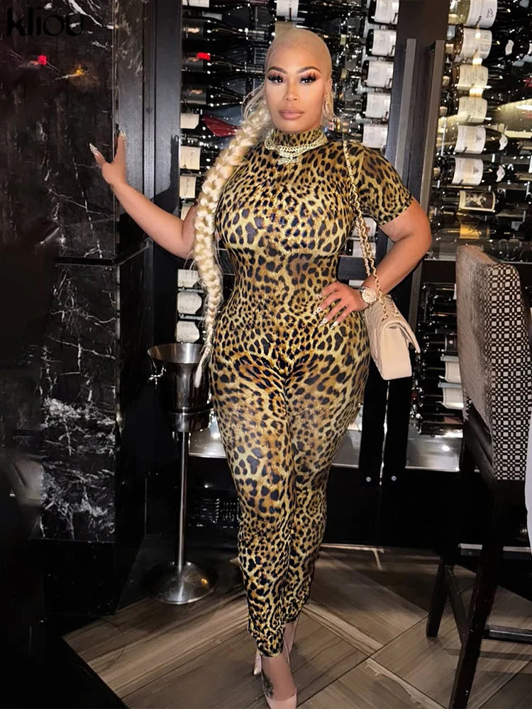 Sexy Printed Slim Fit Jumpsuit with Back Hollow Detail Full Sleeve Stand Collar Overalls for Midnight Party and Clubwear