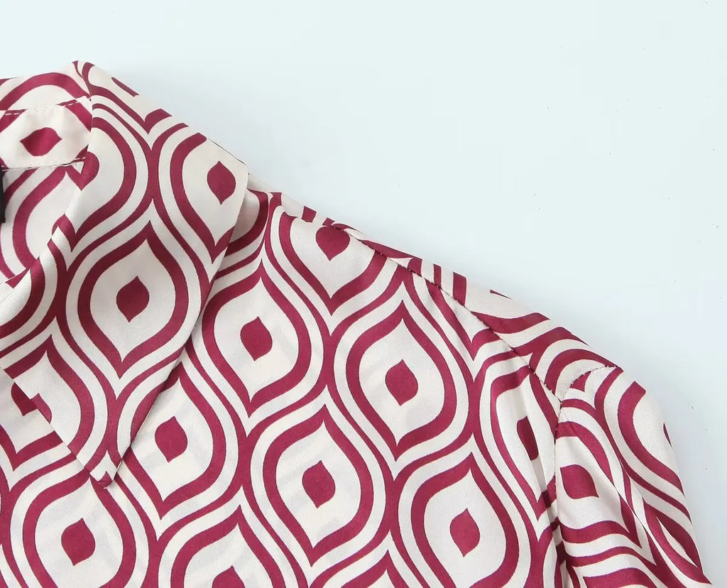 Women's Geometric Print Satin Effect Shirt with Lapel Collar Long Sleeve Single Breasted Slim Fit Chic Top for Spring and Summer