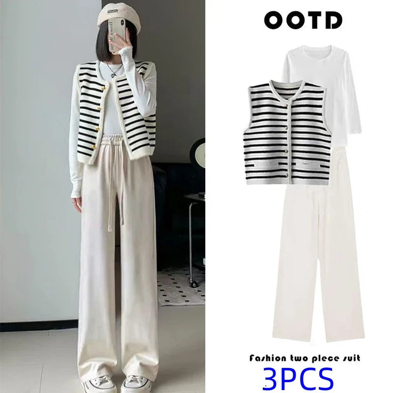 Knitwear Two Piece Set Women's Sweater Cardigan Vest Long Sleeve Blouse and Pants Ensemble