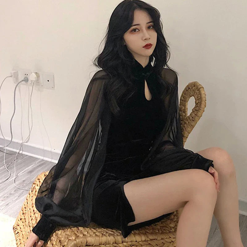 Velvet Qipao Dress With Lantern Sleeves Side Split Mini