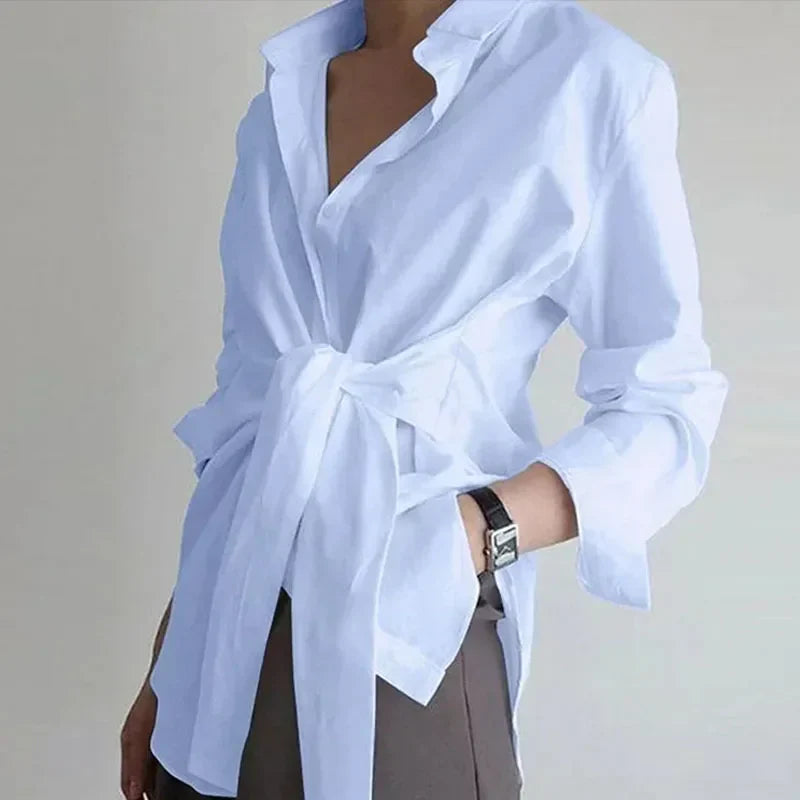 Ruched Long Sleeve Blouse for Women Lace-Up Casual Loose Fit Shirt with Turn-Down Collar Solid Color Elegant Top
