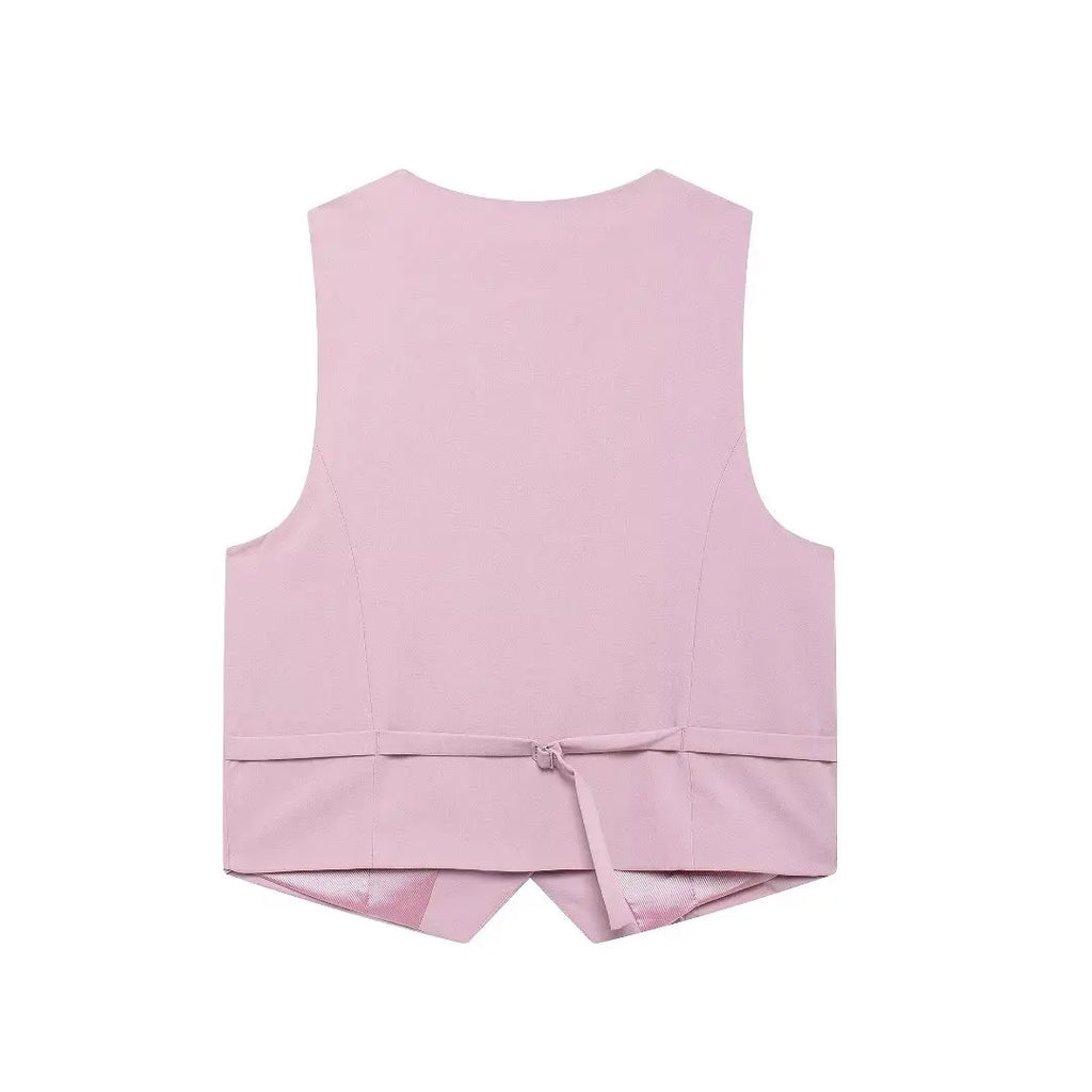 Solid Sleeveless V-Neck Vest and High Waist Zipper Loose Pants Set for Office and Casual Wear